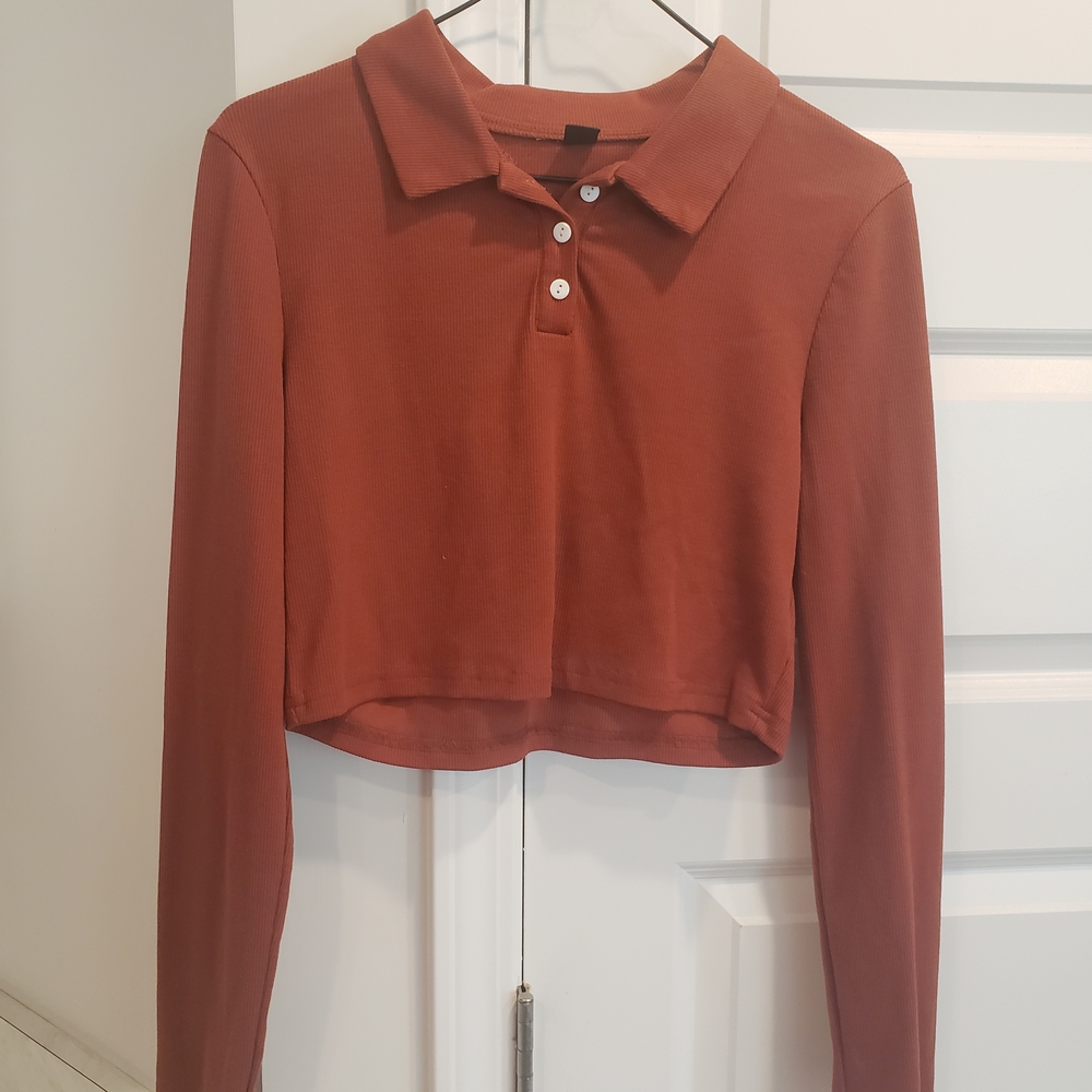SHEIN Terracotta Long Sleeve Crop Polo